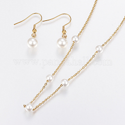 304 Stainless Steel Jewelry Sets, with Acrylic Imitation Pearl Beads, Pendant Necklace and Dangle Earrings, Golden, 17.72 inch(45cm), 31x8mm, Pin: 0.8mm