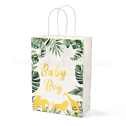 Rechteckige Papiertüten mit Goldprägung, mit Griff, für Geschenktüten und Einkaufstüten, Wort baby boy, Blattmuster, 14.9x8.1x21 cm