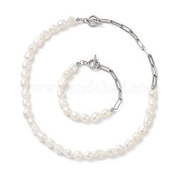 Natürliche barocke Perlenkette und Armband mit 304 Büroklammerkette aus Edelstahl, Schmucksets für Damen, Edelstahl Farbe, 185 mm, 448 mm