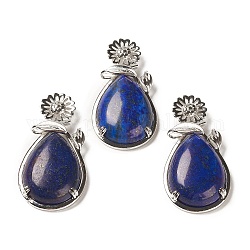Pendentifs en lapis lazuli naturel, avec les accessoires en laiton, fleur avec larme, 56x28x8mm, Trou: 5x2.5mm