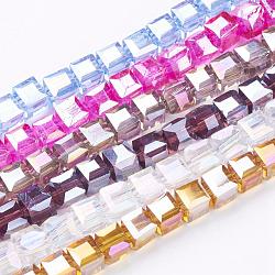 Chapelets de perles en verre électroplaqué, de couleur plaquée ab , facette, cube, couleur mixte, 6x6x6mm, Trou: 1mm, Environ 100 pcs/chapelet, 22 pouce