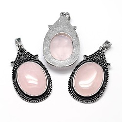 Ovale in lega di zinco d'argento antico di quarzo rosa naturale grandi ciondoli,  nichel& piombo libero, 53.5x30x10mm, Foro: 4.5x8.5 mm