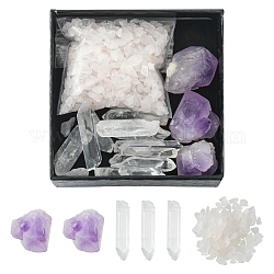 Conjuntos de piedras preciosas naturales, incluyendo perlas de pepitas de cristal de cuarzo y metista y perlas de chip de cuarzo rosa natural, sin agujero / sin perforar, 15~46x6~25x5~10mm, 65.65 g / caja