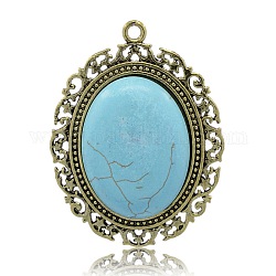 Antique Bronze Tone Alloy Synthetic Turquoise Oval Big Pendant, Nickel Free, Sky Blue, 64x48x9mm, Hole: 3mm