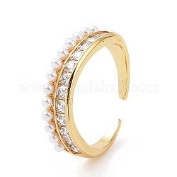 Anillo de puño abierto de circonita cúbica transparente con perla de imitación de plástico abs con cuentas, joyas de latón para mujer, dorado, nosotros tamaño 7 (17.3 mm)