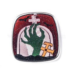 Halloween Theme Opaque Printed Acrylic Pendants, Trapezoid with Tombstone Charms, 42x36x2mm, Hole: 2mm