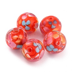 Perles rondes au chalumeau, motif de pétale de fleur de prunier, avec le trou, rouge, 12mm, Trou: 1.8mm