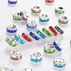 Brass Rhinestone Spacer Beads, Grade AAA, Straight Flange, Nickel Free, Silver Color Plated, Rondelle, MIxed Color, 6x3mm, Hole: 1mm