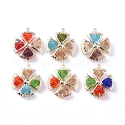 Rack Plating Iron Glass Pendants, Light Gold Tone Flower Charms, Mixed Color, 26x22x7mm, Hole: 1mm