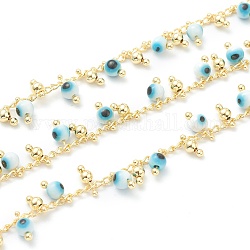 3.28 Feet Golden Brass Curb Chain, Twisted Chain, with Enamel Evil Eye & Brass Charms, Long-Lasting Plated, Soldered, Light Blue, Charms: 7x3mm and 8x4mm