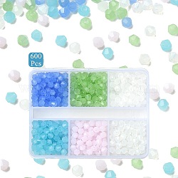 600 pièces 6 couleurs imitation jade galvanoplastie perles de verre brins, perle plaquée lustre, facette, Toupie, couleur mixte, 4x4mm, Trou: 0.8mm, 100 pcs / couleur