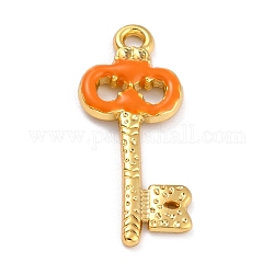 Alliage d'or pendentifs en émail, Plaqué longue durée, clé, orange, 27x12x2mm, Trou: 1.8mm