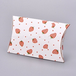 Kissenbezüge aus Papier, Geschenkbonbon-Verpackungsbox, Erdbeermuster, weiß, Feld: 12.5x7.6x1.9cm, Entfalten: 14.5x7.9x0.1cm