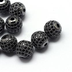 Perles de zircone cubique de placage de rack en laiton, Plaqué longue durée, ronde, gunmetal, 9.5~10x9~9.5mm, Trou: 2mm