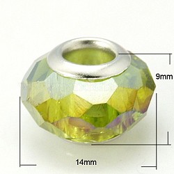 AB Color Large Hole Rondelle Faceted Glass European Beads, with Brass Double Cores, Yellow Green, 14x9mm, Hole: 5mm