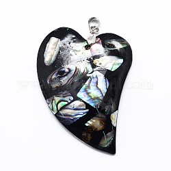 Laiton paua coquille coeur gros pendentifs, non teint, 45~48x30~32x5mm, Trou: 4mm