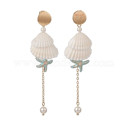 Boucles d'oreilles pendantes en coquillage et perle de coquillage en spirale naturelle, boucles d'oreilles pompon étoile de mer en laiton pour femme, or, 87mm, pin: 1 mm