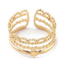 304 Stainless Steel Multi Line Open Cuff Rings, Real 14K Gold Plated, US Size 8 1/2(18.5mm)