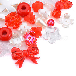 Opaque & Transparent Acrylic Beads, Mixed Shapes, Red, 7.5~33x7.5~43.5x4.5~16mm, Hole: 1.2~4mm, about 470pcs/500g