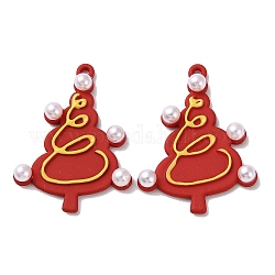 Spray Painted Alloy Pendants, with ABS Plastic Imitation Pearl Beads, Christmas Tree, FireBrick, 30.5x23x2~4.5mm, Hole: 1.4mm