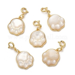 Natural White Shell Cat Paw Print Pendant Decorations, with Brass Spring Ring Clasps, Real 14K Gold Plated, 26mm