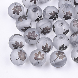 Thème d'automne galvanoplastie perles de verre transparentes, mat, rond avec motif feuille d'érable, brun coco, 8~8.5mm, Trou: 1.5mm