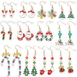 Sunnyclue 12 paires 12 boucles d'oreilles pendantes en alliage sur le thème de Noël, lune et cerf et arbre et couronne avec nœud papillon et canne en bonbon et père noël et gant de flocon de neige et cloche de noël, couleur mixte, 35~69mm, pin: 0.5~0.8 mm, 1 paire / style