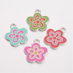 Alloy Enamel Pendants, Lead Free and Cadmium Free, Flower, Great For Mother's Day Gift Making, Mixed Color, Platinum, about 22mm long, 20mm wide, 2.5mm thick, hole: 2.5mm