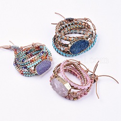 Bracelets de chaîne en cuir à cinq boucles, avec pierre naturelle et synthétique, perles en verre et des accessoires en alliage, 31.1 pouce ~ 35.8 pouces (79~91 cm), 7~10mm