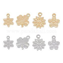HOBBIESAY 48Pcs 8 Styles Flower Clover Charms Real Gold Platinum Plated Pendants Charms Brass Golden Silver Rack Plating Dangle Charms for DIY Crafting Necklaces Bracelets Earrings Making