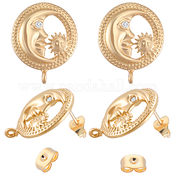 Beebeecraft 3 Pairs Brass Micro Pave Cubic Zirconia Moon with Flower Stud Earring Findings, with Vertical Loops & 6Pcs 304 Stainless Steel Friction Ear Nuts, Golden, 23x18.5x4mm, Hole: 1.6mm, Pin: 0.7~1mm
