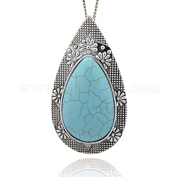 Antique Silver Tone Alloy Synthetic Turquoise Big Pendants, teardrop, Sky Blue, 74x42x9mm, Hole: 4x8mm