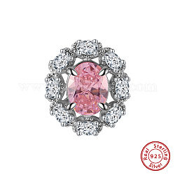 925 perles en argent sterling rhodiées, avec de la zircone cubique rose, ovale, Platine plaqué réel, 14.5x12.5x6mm, Trou: 1.2mm