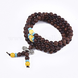 4-Loop-Wrap-Stil buddhistischen Schmuck, Palisander Mala Perlen Armbänder, mit Legierungsfunden und natürlichen Achatperlen, Stretch-Armbänder, Runde, Kokosnuss braun, 26.7 Zoll (68 cm)