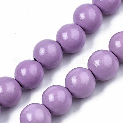Spray Painted Natural Wood Beads Strands, Round, Lilac, 15~16x14~15mm, Hole: 3~4mm, about 25pcs/strand, 14.17 inch~14.45 inch(36cm~36.7cm)