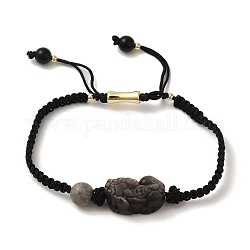 Natürliches Obsidian- und Splitter-Obsidian- und Bild-Jaspis-Armband mit geflochtenen Perlen, verstellbare Armband, Schwarz, Innendurchmesser: 2-3/8~3-1/8 Zoll (5.9~7.8 cm)