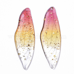Grands pendentifs en résine époxy transparente, une feuille d'or, aile d'insectes, rose foncé, 51x16.5x1~2.5mm, Trou: 1.2mm