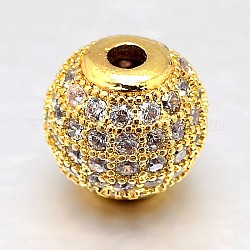 Perles rondes en laiton avec zircone cubique de micro pave, clair, véritable 18k plaqué or, 10mm, Trou: 2mm