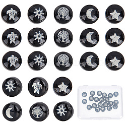 Sunnyclue 30 piezas 6 cuentas de murano hechas a mano de estilo, con adornos de latón platinado, redondo plano con estrella y luna, negro, 8x5mm, agujero: 0.8 mm, 5 piezas / style