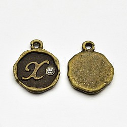 Antique Bronze Plated Alloy Rhinestone Charms, Flat Round with Letter.X, Nickel Free, 13x10x1.5mm, Hole: 1mm