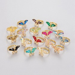 Регулируемые латунные кольца с прозрачным кубическим цирконием, со стеклом, бабочка, золотые, разноцветные, Размер 7, внутренний диаметр: 17 мм