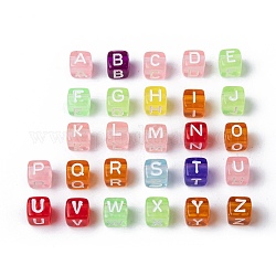 Perle europee acriliche trasparenti a foro largo, foro orizzontale, cubo con lettera, colore misto, 6x6x6mm, Foro: 3.5~4 mm, circa 3200~3600pcs/500g