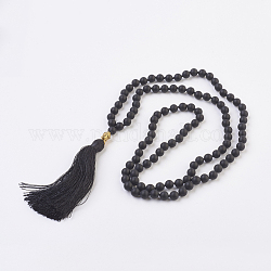 Natural Black Agate Buddha Mala Beads Necklaces, with Alloy Findings and Nylon Tassels, Frosted, 109 Beads, 39.3 inch (100cm), Pendant: 115mm long