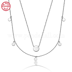 925 Sterling Silver Flat Round Pendant Necklaces for Women, Double Layer Cable Chains Necklaces, Platinum, 15-3/8 inch(39cm)