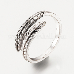Adjustable Alloy Cuff Finger Rings, Feather, Antique Silver, Size 6, 16mm