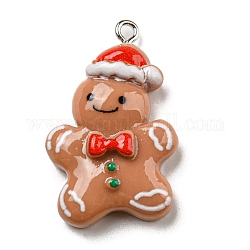 Pendentifs en résine opaque, Breloques de Noël avec boucles en fer plaqué platine, gingerbread man, 32x20x7mm, Trou: 2mm