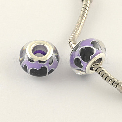 Large Hole Heart Pattern Acrylic European Beads, with Silver Tone Brass Double Cores, Faceted Rondelle, Mauve, 14x9mm, Hole: 5mm
