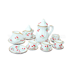 Mini-Keramik-Teesets, inklusive Teetasse, Untertasse, Teekanne, Sahnekännchen, Zuckerschüssel, Miniatur-Ornamente, Mikro-Landschaftsgarten-Puppenhauszubehör, vorgetäuschte Requisitendekorationen, Kirschmuster, 15 Stück / Set