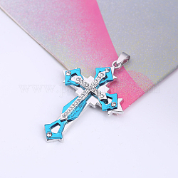 Colgantes de la aleación, con diamante de imitación, charms cruz, azul, 62x45x6mm