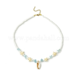 Halskette mit natürlichem Muschelanhänger, mit natürlichen Aquamarin-Chips und Seestern-Perlenketten, Farbig, 17.99 Zoll (45.7 cm)